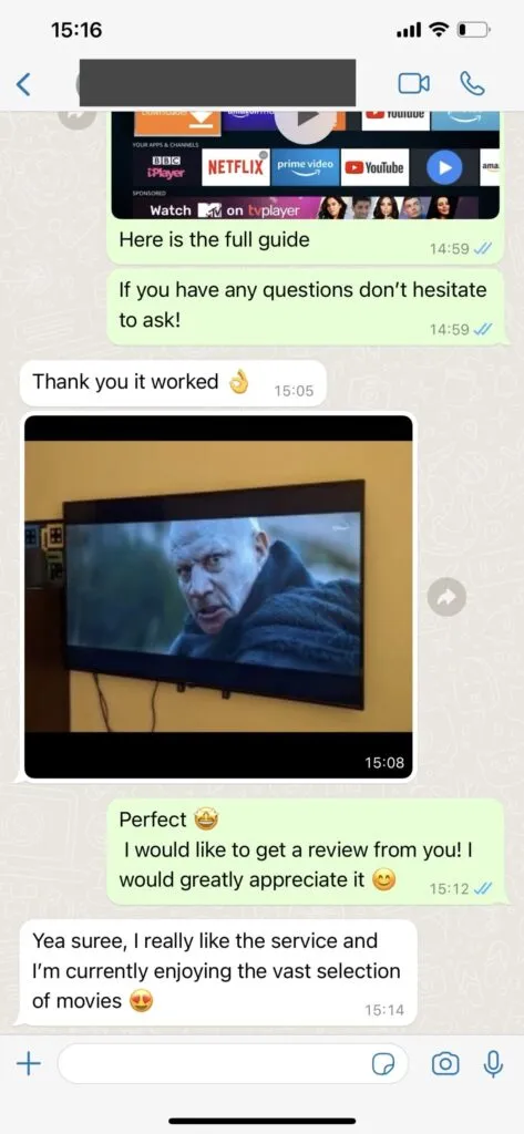 WhatsApp customer support chat screenshot for kavitv IPTV